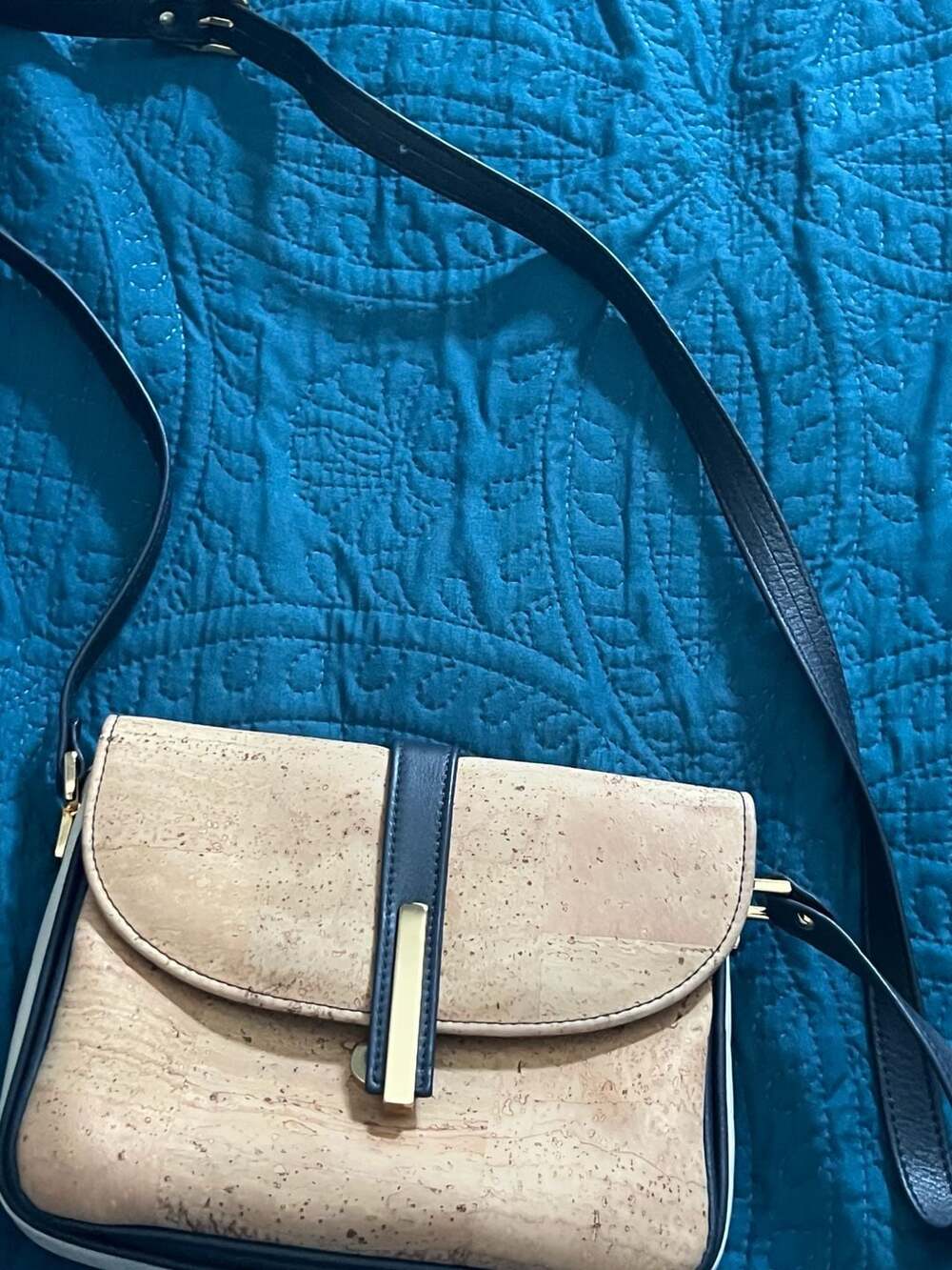 A. Clara Boston Cork and Black Leather Crossbody Fold-Over Bag Made in Portugal